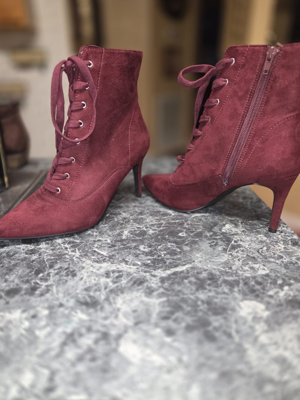 Women's Lace-Up Suede Ankle Boots in Burgundy